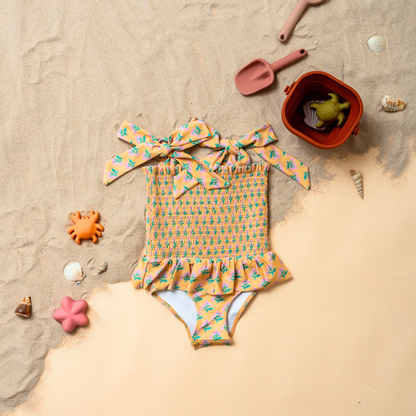 Sophia Smocked Tie Swimsuit in Marigold Bloom