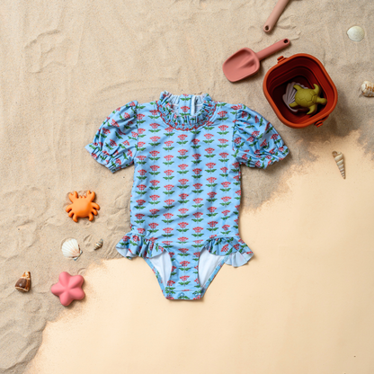 Francesca Ruffle Swimsuit in Periwinkle Block