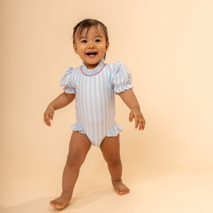Francesca Ruffle Swimsuit in Blue Stripes