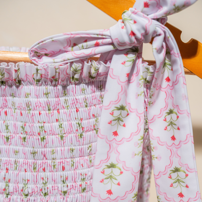 Sophia Smocked Tie Swimsuit in Pink Wildflower