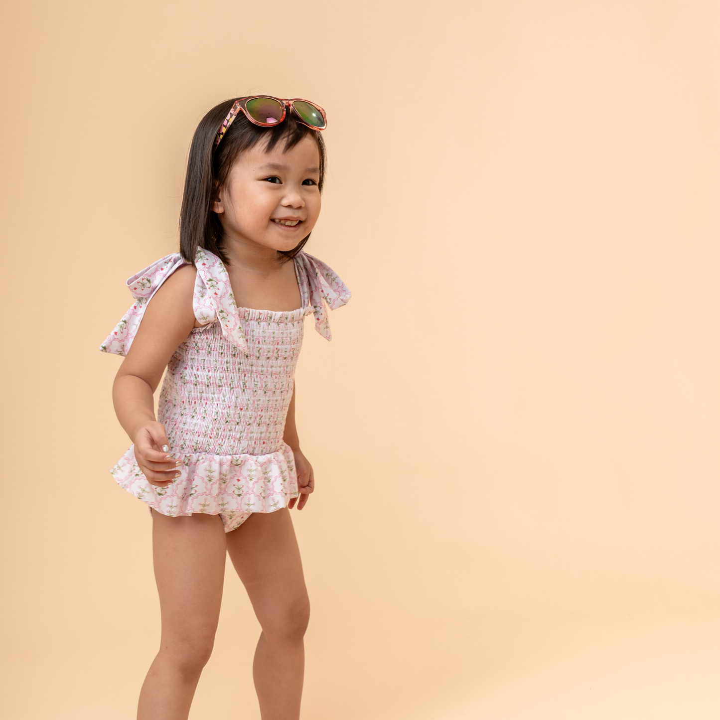 Sophia Smocked Tie Swimsuit in Pink Wildflower