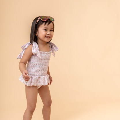 Sophia Smocked Tie Swimsuit in Pink Wildflower