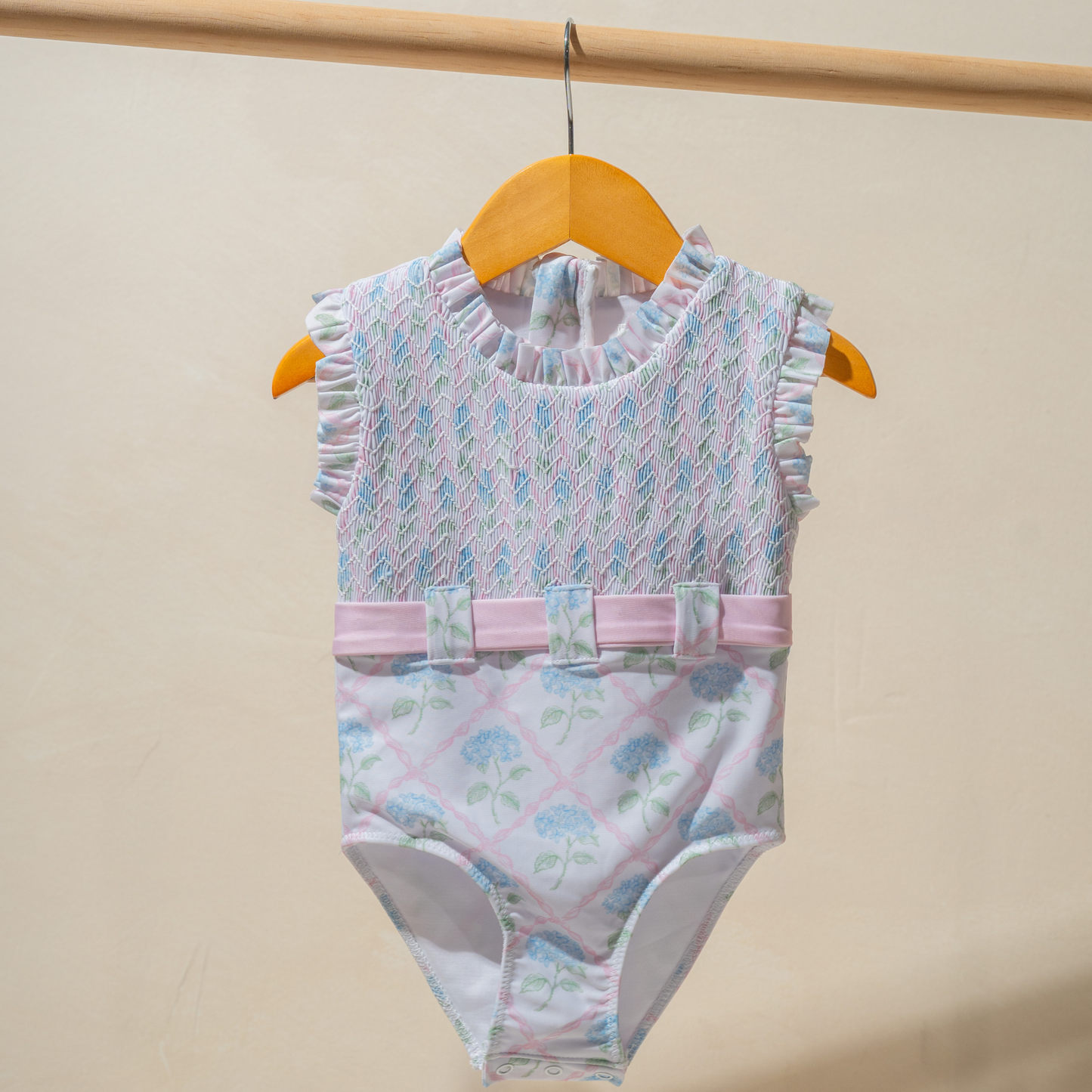 Sylvia Smocked Belted Swimsuit in Blossom Trellis