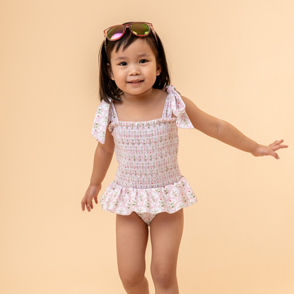 Sophia Smocked Tie Swimsuit in Pink Wildflower