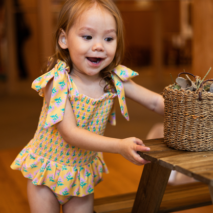 Sophia Smocked Tie Swimsuit in Marigold Bloom