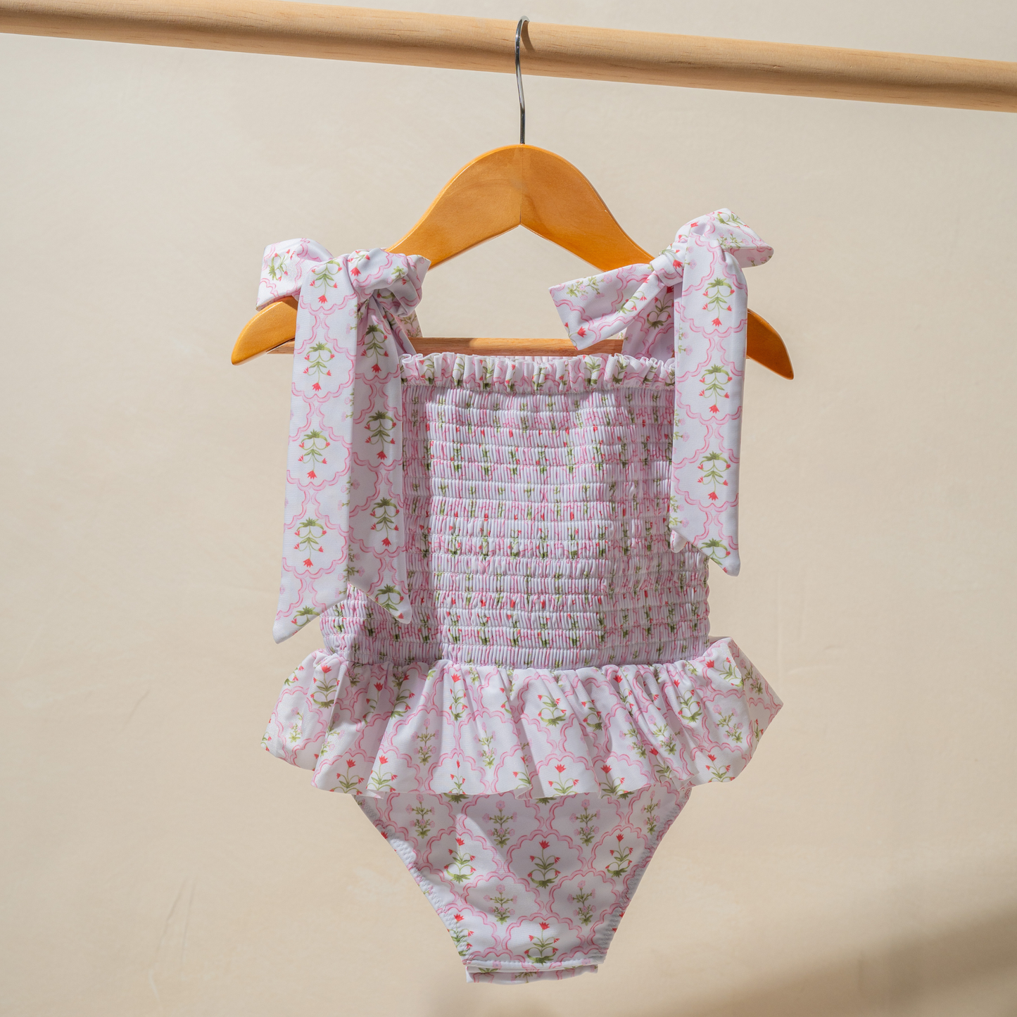 Sophia Smocked Tie Swimsuit in Pink Wildflower
