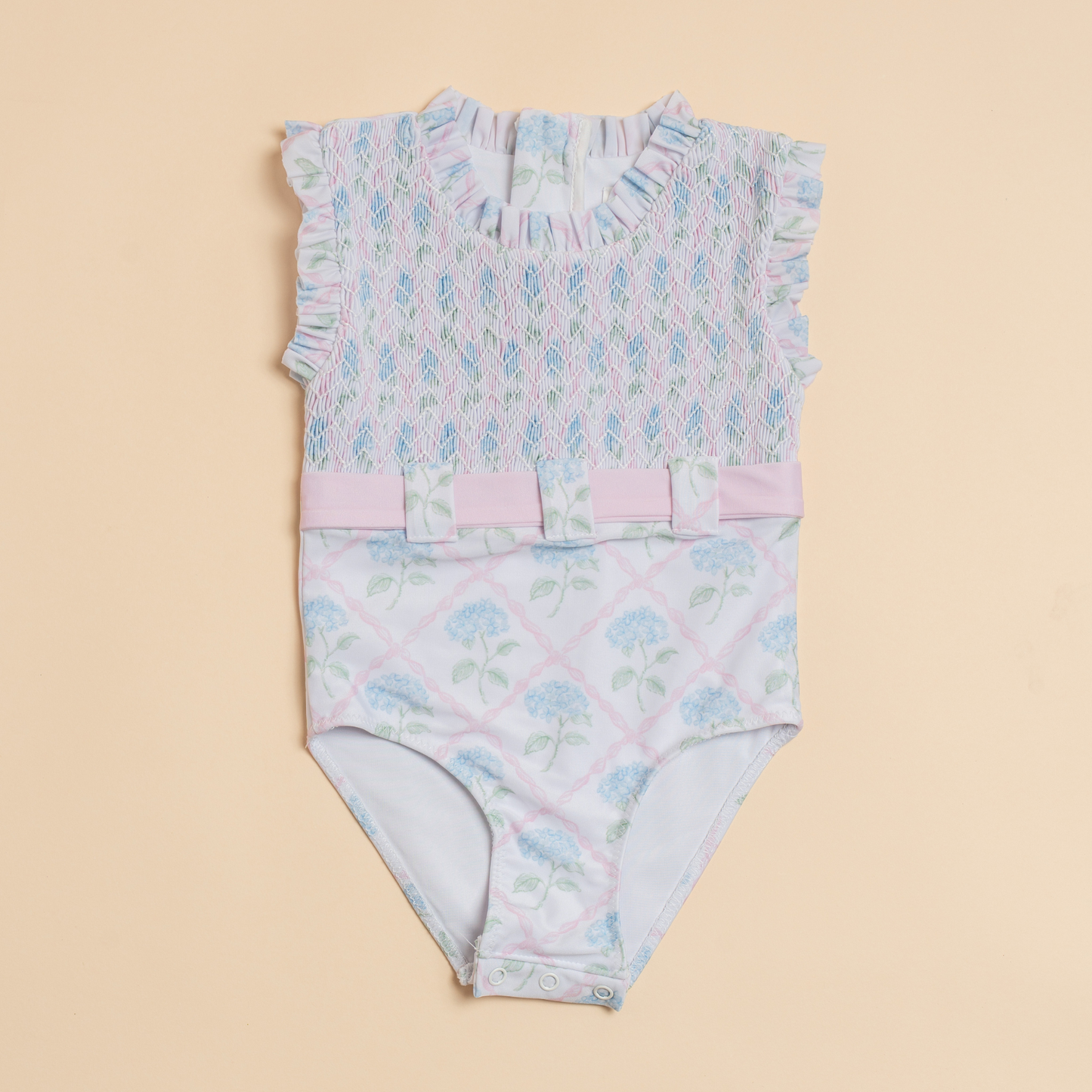 Sylvia Smocked Belted Swimsuit in Blossom Trellis