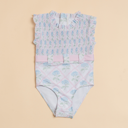Sylvia Smocked Belted Swimsuit in Blossom Trellis