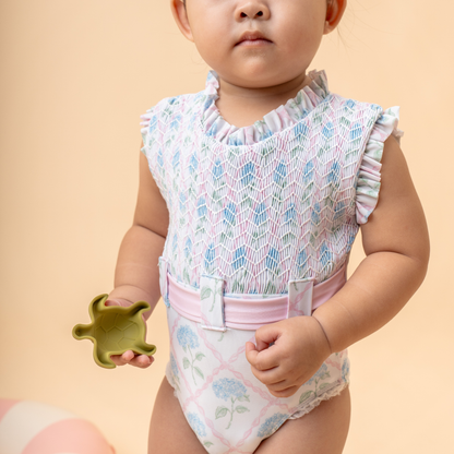 Sylvia Smocked Belted Swimsuit in Blossom Trellis
